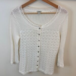 L.L. Bean Y2K Women’s White Knit Button-Up Cardigan Sweater Linen Cotton Size S
